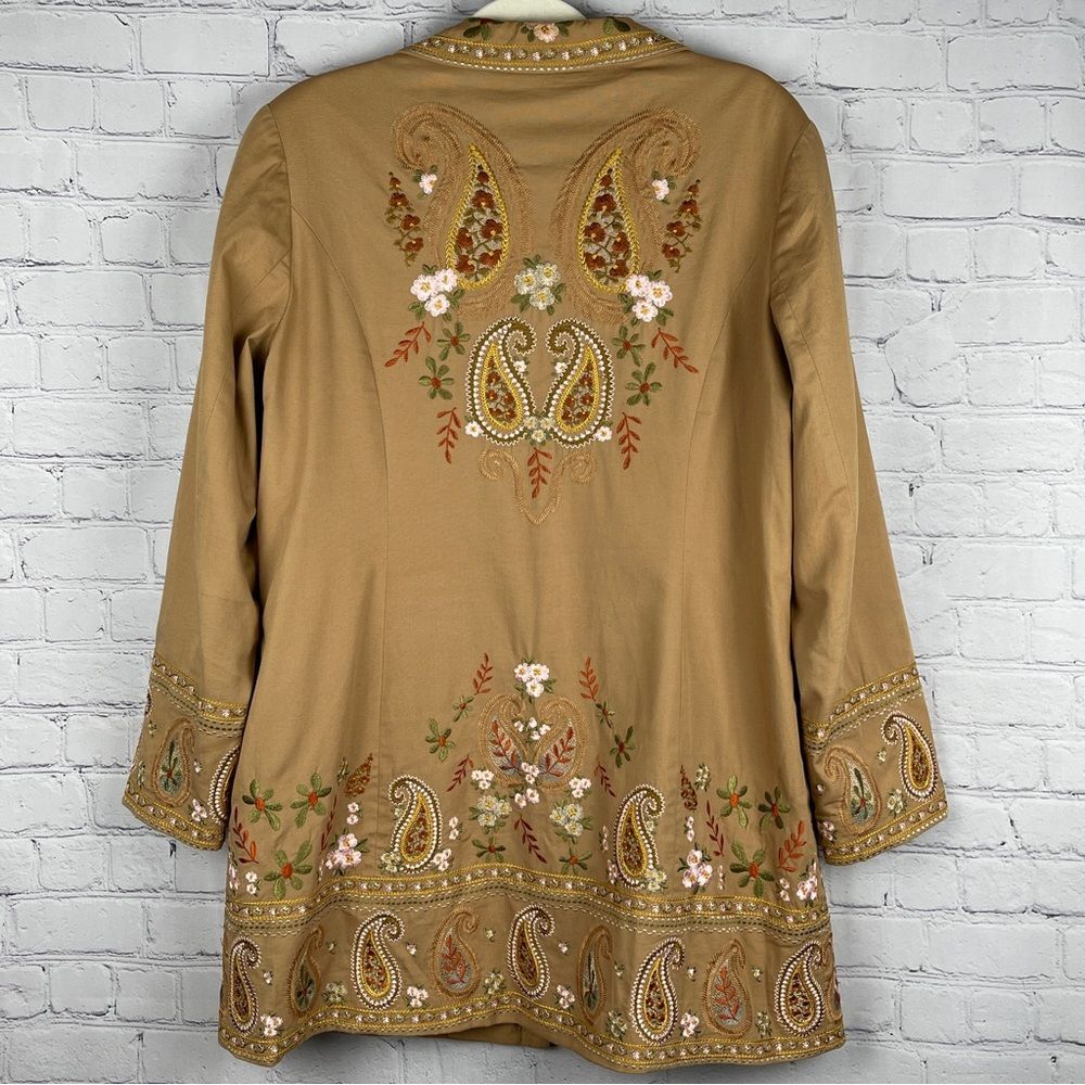 COLDWATER CREEK boho paisley floral embroidered tan coat jacket, size 14 - Picture 2 of 16
